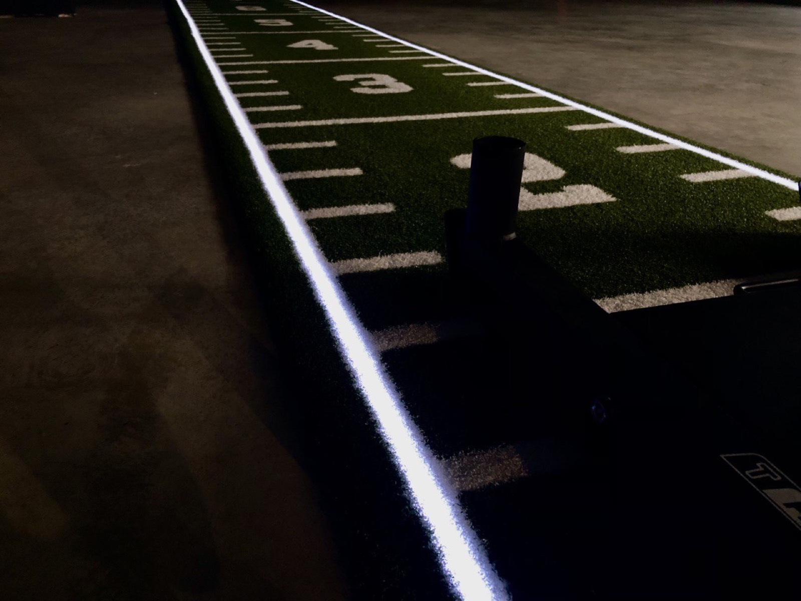 MYsmartzone Lichtwelle läuft als LED-Linie neben der Sled-Push-Bahn aus Kunstrasen